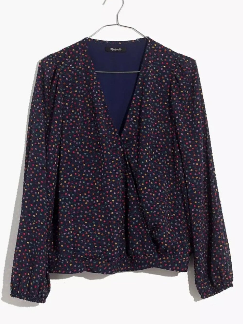 Madewell Lyric Long Sleeve Wrap Top in Sugar Dot Blue Multicolor Womens Medium